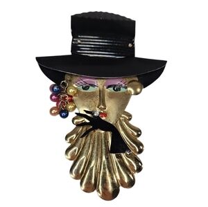 Vintage Coy French Woman Metal Brooch
